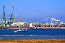 Harbour cranes and container ship docked in the Antwerp harbour / port, Flanders, Belgium. December 2018