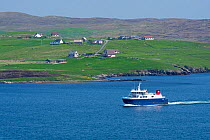 Whalsay ferry boat Linga sailing in Laxo Voe, Vidlin on the Mainland, Shetland Islands, Scotland, UK, May 2018