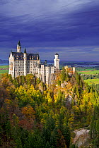 Neuschwanstein Castle seen from Marienbrucke in autumn / fall, 19th-century Romanesque Revival palace at Hohenschwangau, Bavaria, Germany, October 2019