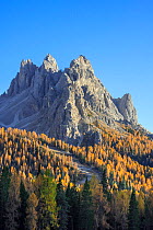 North face of the mountain Cadini di Misurina in autumn / fall in the Sesto / Sexten Dolomites, Belluno, South Tyrol, Italy, October
