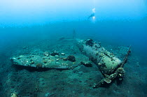 A scuba diver next to the Mitsubishi Zero, Japanese World War Two fighter plane, Kimbe Bay. West New Britain, Papua New Guinea