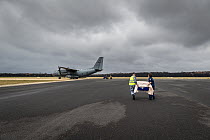 Koala (Phascolarctos cinereus) that was burnt in the Mallacoota bushfires is evacuated from the Mallacoota wildlife triage centre, carried in a crate by a RAAF crew member (left) and Forest and Wildli...