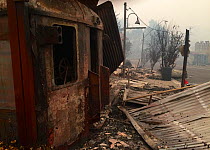 A gutted train cafe in the main street of Cobargo, New South Wales, Australia. Damage caused by December 2019 bushfires.