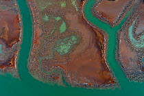 Coloured water leaking from photogypsum storage pond creates tidal channels in saltmarsh habitat. Huelva, Southern Spain. Phosphogypsum is a radioactive by-product in the manufacture of phosphoric aci...
