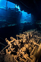 The engineroom (this is a generator, not the main engine) of the Chrisoula K wreck (also known as the tile wreck). Abu Nuhas, Egypt. Strait of Gubal, Gulf of Suez, Red Sea.