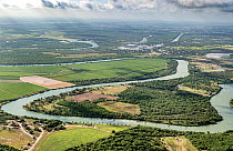 Meanders of the Rio Grande with view towards Tamaulipas, Mexico from Bensen-Rio Grande State Park, aerial view. Illustrates challenge of building a border wall alongside the river. Mission, Texas, USA...