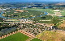 Aerial view of Madero looking across the Rio Grande to Ejido Los Cavazos Tamaulipas, Mexico. Hidalgo County, Texas, USA. July 2019.