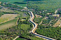 Aerial view of border wall in Mission, Hidalgo County, Texas, USA. July 2019.