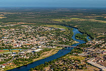 Aerial view of Rio Grande and border crossing between Roma, Texas, USA and Ciudad Miguel Aleman, Tamaulipas, Mexico. July 2019.