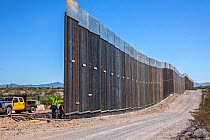Border wall constuction through the Sonoran Desert. View from Sonoyta, Mexico towards Organ Pipe Cactus National Monument, Arizona, USA. November 2019.