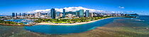 Aerial view of Ala Moana Beach Park from Kewalo Basin all the way to Diamond Head, Hawaii. December 2018. Digitally stitched panorama.