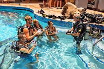 SCUBA diving instructor Anthony Manion practices skills with four students in a hotel pool on Maui, Hawaii. July 2019. Model released.