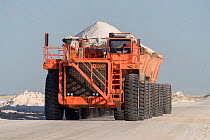 Vehicle carrying salt at Ojo de Liebre Lagoon saltworks, the biggest saltworks plant in the world. Guerrero Negro, Baja California Sur, Mexico. 2017.