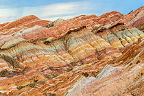 Rainbow Mountains, strata within eroded hills of sedimentary conglomerate and sandstone. Zhangye National Geopark, China Danxia UNESCO World Heritage Site, Gansu Province, China. 2018.