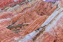 Rainbow Mountains, eroded hills with strata of sedimentary conglomerate and sandstone. Zhangye National Geopark, China Danxia UNESCO World Heritage Site, Gansu Province, China. 2018.
