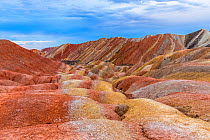 Rainbow Mountains, eroded hills of sedimentary conglomerate and sandstone. Zhangye National Geopark, China Danxia UNESCO World Heritage Site, Gansu Province, China. 2018.