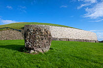 Newgrange, Neolithic passage tomb dated to 3 200 BC, white quartz cobblestone revetment and kerbstones, World Heritage Site, County Meath, Republic of Ireland. October 2019.