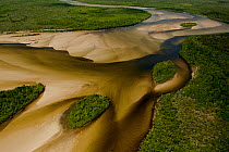 Aerial view of the Jardine River, with islands and sandbars of different depths creating patterns. Northern Cape York Peninsula, Australia. . June 2012