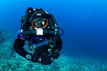 Rebreather diver or technical diver doing decompression stop, Vis Island, Croatia, Adriatic Sea, Mediterranean