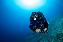 Rebreather diver or technical diver coming up from a dive on the airplane B-24 Liberator wreck, Vis Island, Croatia, Adriatic Sea, Mediterranean