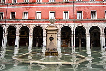 Fountain and flooding in Venice, Italy, December 2019.