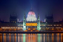 Parliament building illuminated at night, Budapest, Hungary, December 2005.