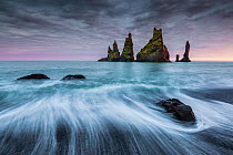 Reynisdrangur stacks with long exposure of waves,, Vik i Myrdal, Iceland, September 2015.