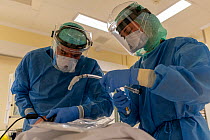 Anesthesiologist and anesthesia nurse during an intubation of a patient infected with Covid-19 in the intubation room of the operating theatre Jeroen Bosch Ziekenhuis, Den Bosch, The Netherlands Mar...