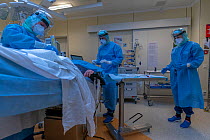 Anesthesiologist and two nurses treating a Covid-19 infected patient in the intubating room of the Operation theatre Jeroen Bosch Ziekenhuis, Den Bosch, The Netherlands March 2020. EDITORIAL USE ONL...