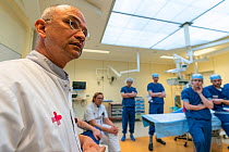 Anesthesiologist during the instruction of the group of anesthesiologists about the intubation room. this room was created especially to accomodate patients with respiratory insufficiency during the c...