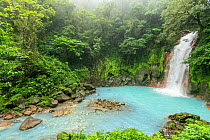 View of the Rio Celeste waterfall, tropical rainforest of Tenorio Volcano National Park, Costa Rica. The blue color arises due to a physical phenomenon known as Mie scattering triggered by the presenc...