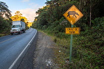 Wildlife road warning sign featuring a tapir along the Pan-American highway through the Talamanca Mountain range, Costa Rica.