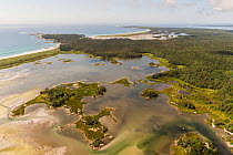 Aerial view of estuary, seaside adjunct of Kejimkujik National Park, Nova Scotia, Canada. August.