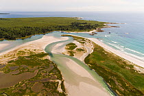 Aerial view of estuary, seaside adjunct of Kejimkujik National Park, Nova Scotia, Canada. August.