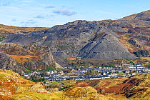 Blaenau Festiniog with spoil heaps from the disused slate mines behind North Wales UK October 2019.