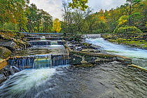 Salmon ladder on left next to the weir on the River (Afon) Ogwen at Ogwen Bank near Bethesda North Wales, UK, October 2019.