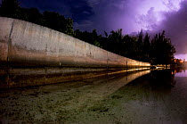 Cement seawall during a lightning storm, The Bahamas. Seawalls that replace mangroves do a worse job at protecting islands, are far more expensive, and don&#39;t offer the ecological benefits of mangr...