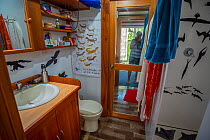 Fibreglass shower decorated with decals of photographer Tui De Roy&#39;s images. Taken during the Covid-19 lockdown, in Tui De Roy&#39;s tiny house consisting of three 20ft shipping containers. Santa...
