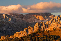 Looking north from Passo Sella, and the Odle Range, at sunset, Dolomites, Italy, October 2019.