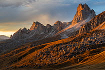 Sunset light on spires at Passo Giau, Dolomites, Italy, October 2019.