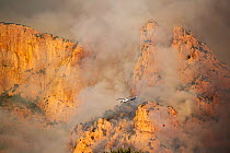 Lightning started fire on steep craggy terrain, with US Forest Service Fire suppression Wildland Firefighters using helicopters to &#39;bomb&#39; the hot spots to control the spread. Pusch Ridge, Sant...