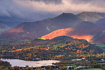 View of Derwentwater, overlooking Keswick, from Latrigg during autumn, early morning sunlight, Lake District National Park, Cumbria, UK. November.
