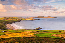 View over Whitesands beach toward Ramsey Island from Carn Llidi, early morning klight, Pembrokeshire, Wales, UK. September.