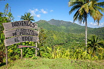 Entrance sign for permaculture farm &#39;El Eden&#39; in Chuchillas del Toa Biosphere Reserve near Quibijan, Cuba. March 2019.