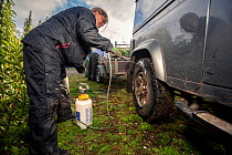 Tyres of a Land Rover used for transporting equipment for trapping and vaccinating European badgers (Meles meles) against TB are sprayed with disinfectant. North Somerset, UK. Badger vaccination progr...