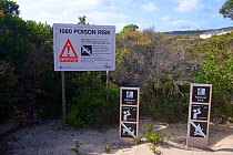 National Park information signs and sign informing visitors of the use of Sodium fluoroacetate or 1080 poison for control of pest foxes and feral cats. Poison used by Western Shield wildlife recovery...