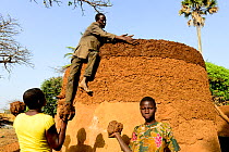 Somba family using mud to repair their traditional house, the Land of the Batammariba, Benin, February 2020