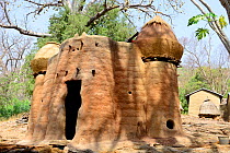Takyenta mud tower house within Tammari village, made from mud, branches and straw. Villages also include ceremonial spaces, springs, rocks and sites for initiation ceremonies. Koutammakou, the Land o...