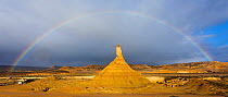 Rainbow over badlands and Castildetierra mountain rock formation. Bardenas Reales Natural Park. Navarre, Spain. February 2015.