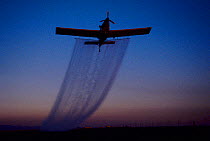 Crop-dusting plane arches up into the sky at twilight as it sprays insecticide onto an agricultural field in Imperial Valley, California, USA.